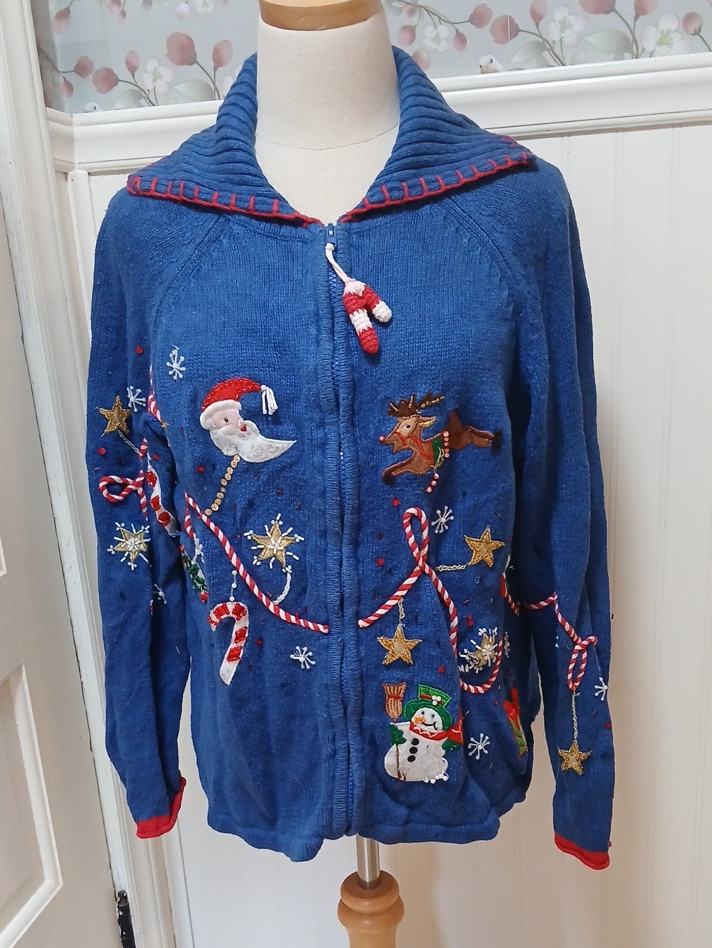 Vintage Ugly Christmas Sweater Blue Holiday Embroidered Zip Cardigan